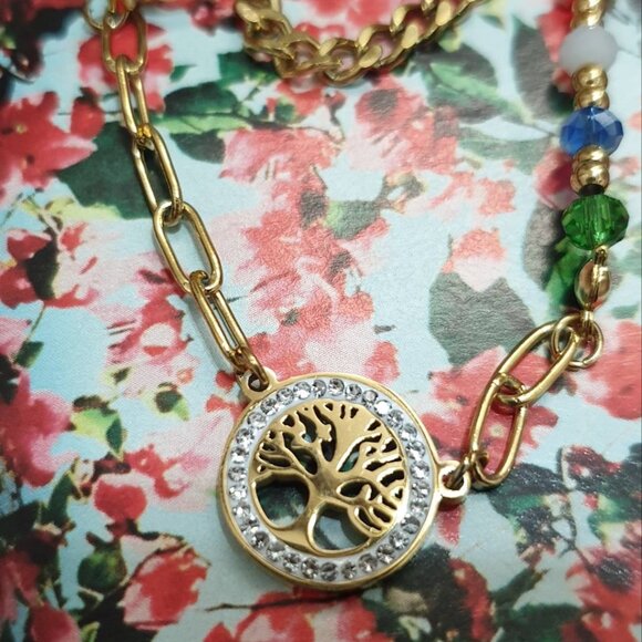 Tree of Life Necklace 2 Layers Chains Multi Color Beaded Pendant Fashion Jewelry - Picture 2 of 5